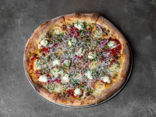 Bolo Pizza with ricotta, red onion and microgreens, overhead