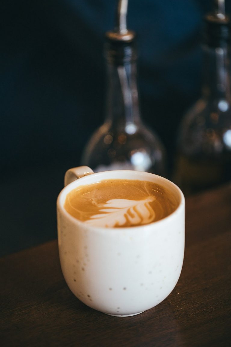 Latte with rosetta art at the Far Corner café