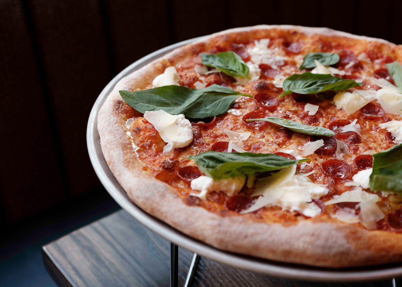 Almost Too Far pizza: pepperoni, stracciatella, hot honey, basil, parmesan - Far Corner