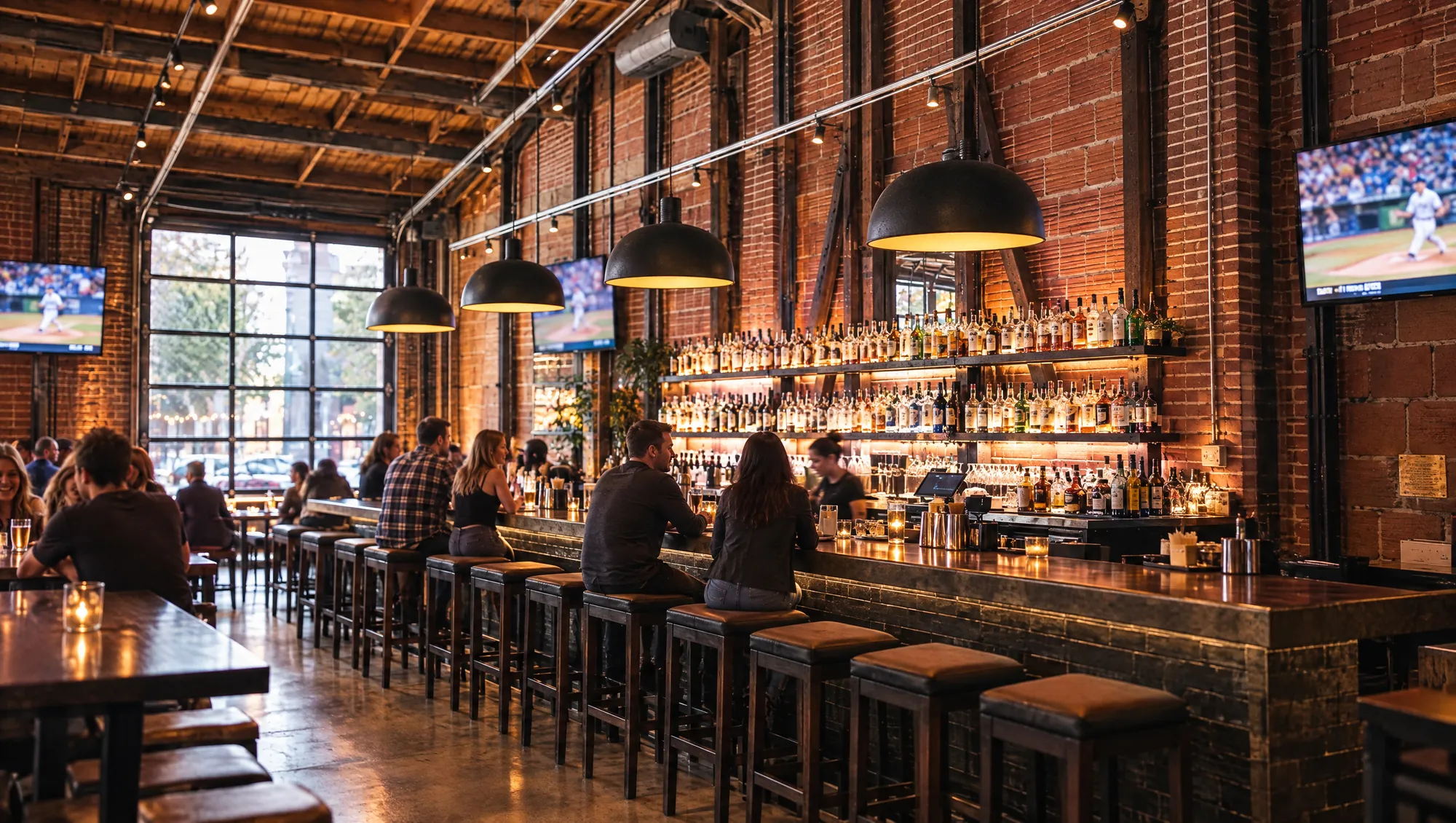 Brick-walled bar and TVs at a neighborhood sports bar in downtown San Diego